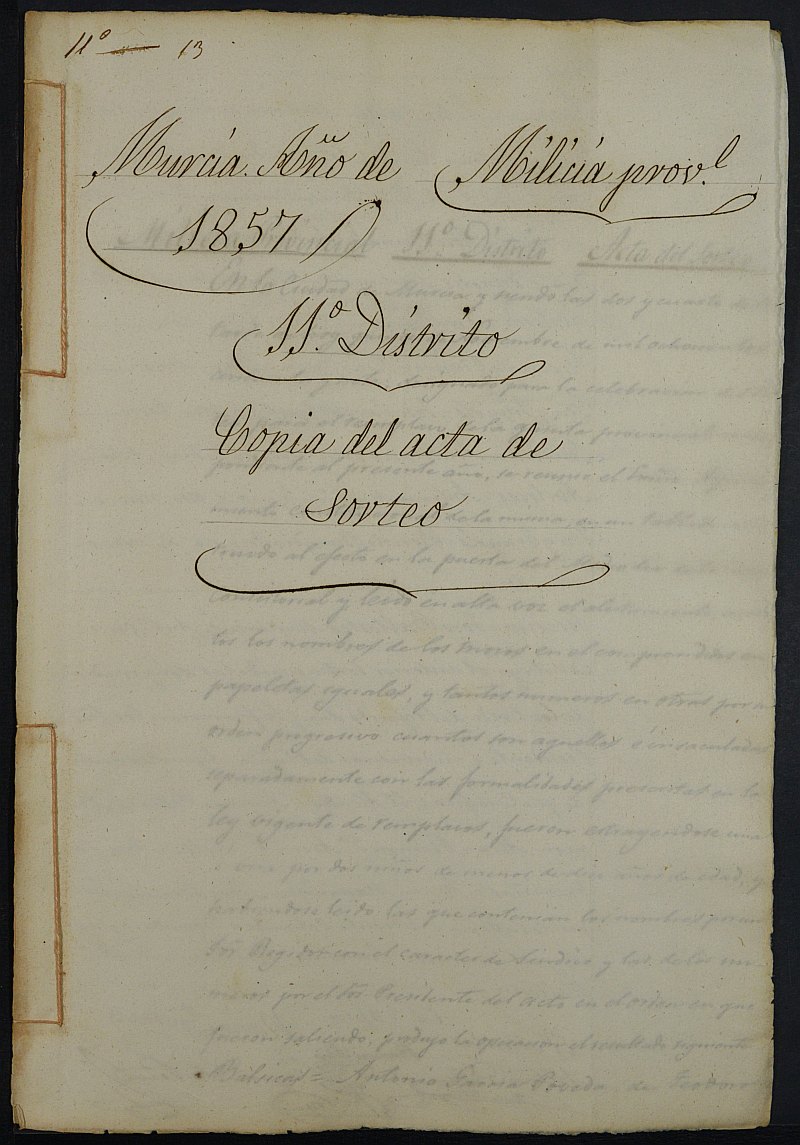 Copia certificada del acta del sorteo para las Milicias Provinciales del Onceavo Distrito del Ayuntamiento de Murcia del reemplazo de 1857.