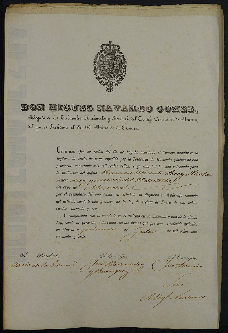 Certificados de las cartas de pago de la sustitución del reemplazo de 1857 de Murcia.