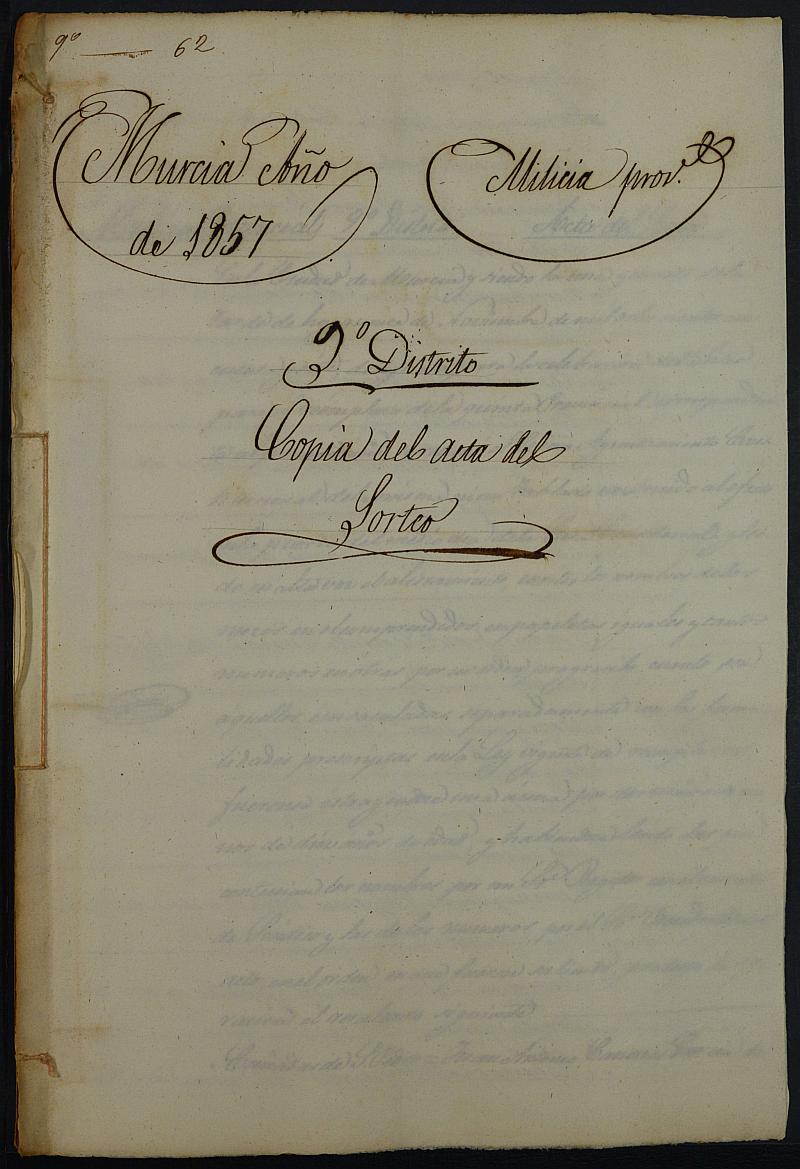 Copia certificada del acta del sorteo para las Milicias Provinciales del Noveno Distrito del Ayuntamiento de Murcia del reemplazo de 1857.