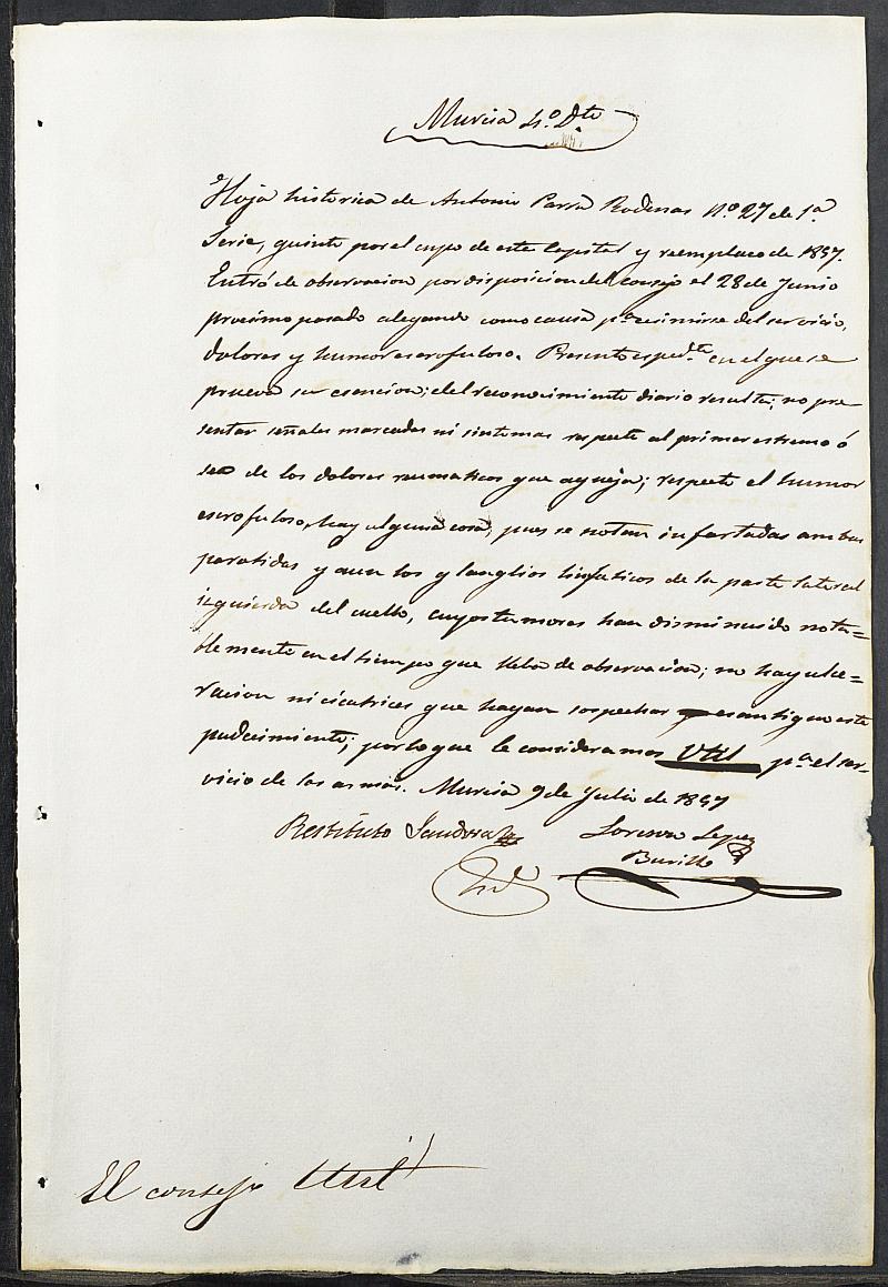 Copia certificada del expediente general de Quintas del 4º Distrito del Ayuntamiento de Murcia del reemplazo de 1857.