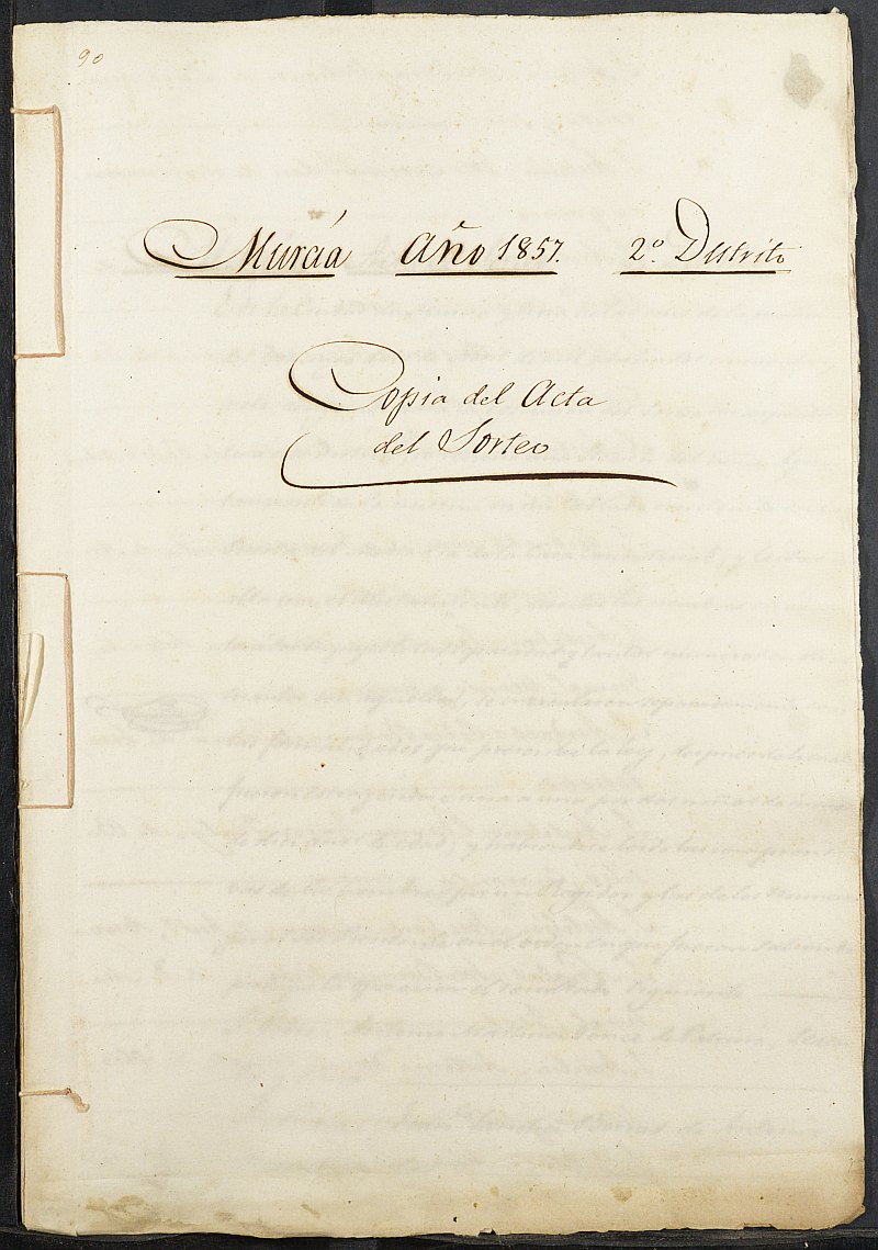 Copia certificada del acta del sorteo del 2º Distrito del Ayuntamiento de Murcia del reemplazo de 1857.
