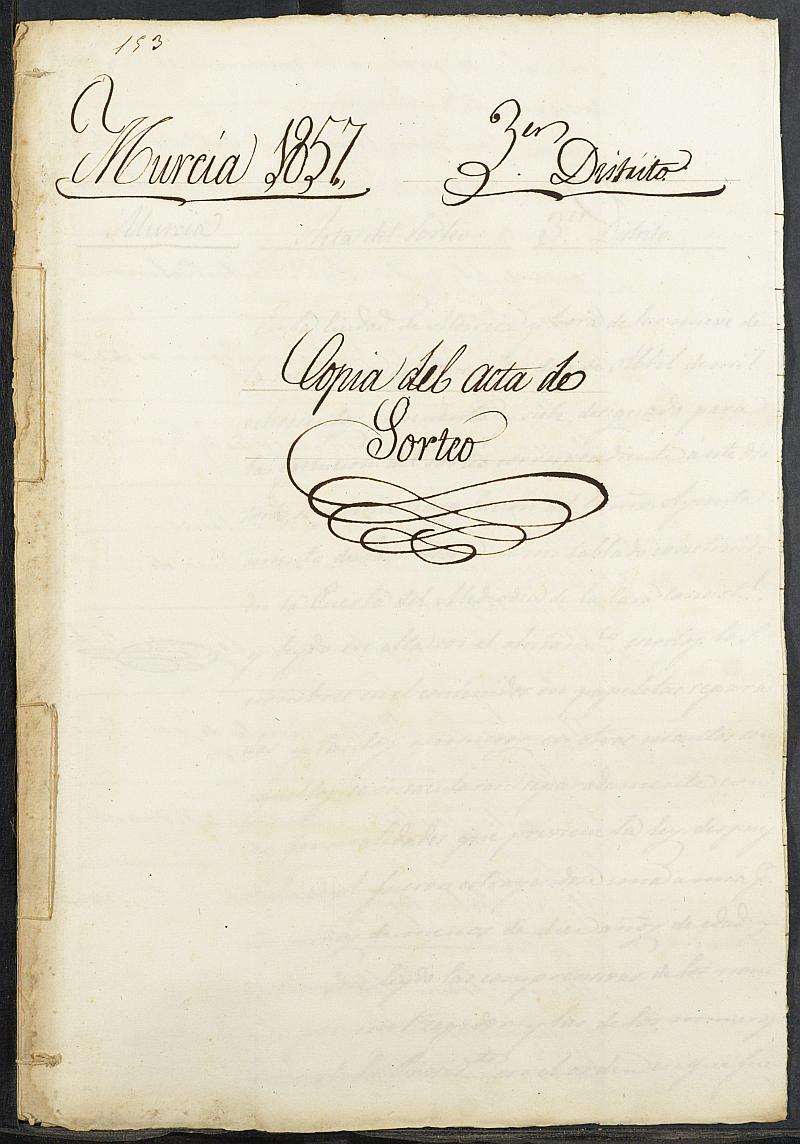 Copia certificada del acta del sorteo del 3º Distrito del Ayuntamiento de Murcia del reemplazo de 1857.