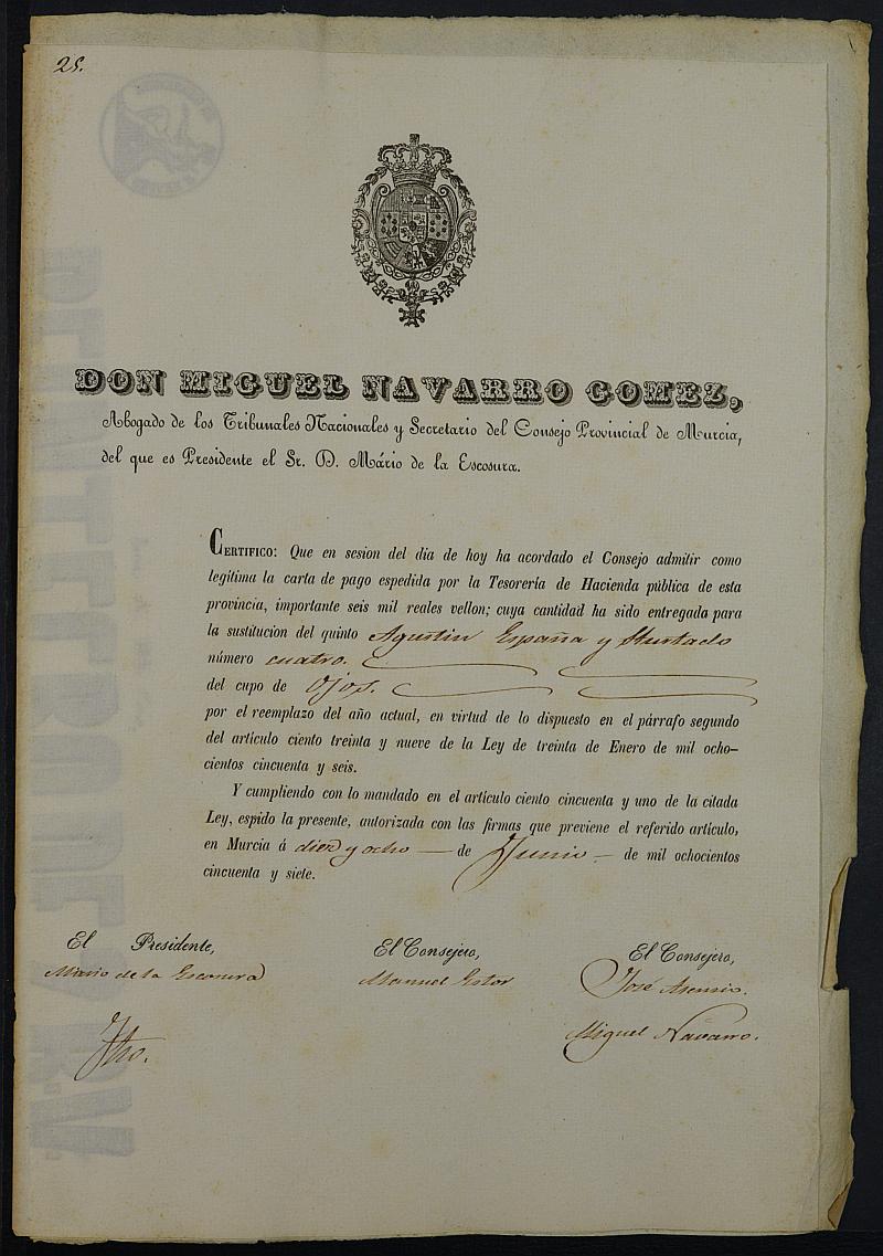 Certificados de las cartas de pago de la sustitución del reemplazo de 1857 del Ayuntamiento de Ojós.