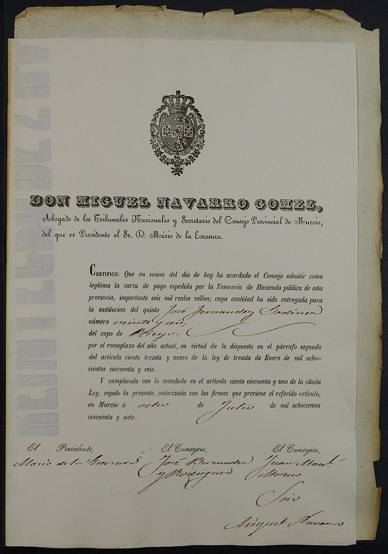 Certificados de las cartas de pago de la sustitución del reemplazo de 1857 del Ayuntamiento de Pliego.