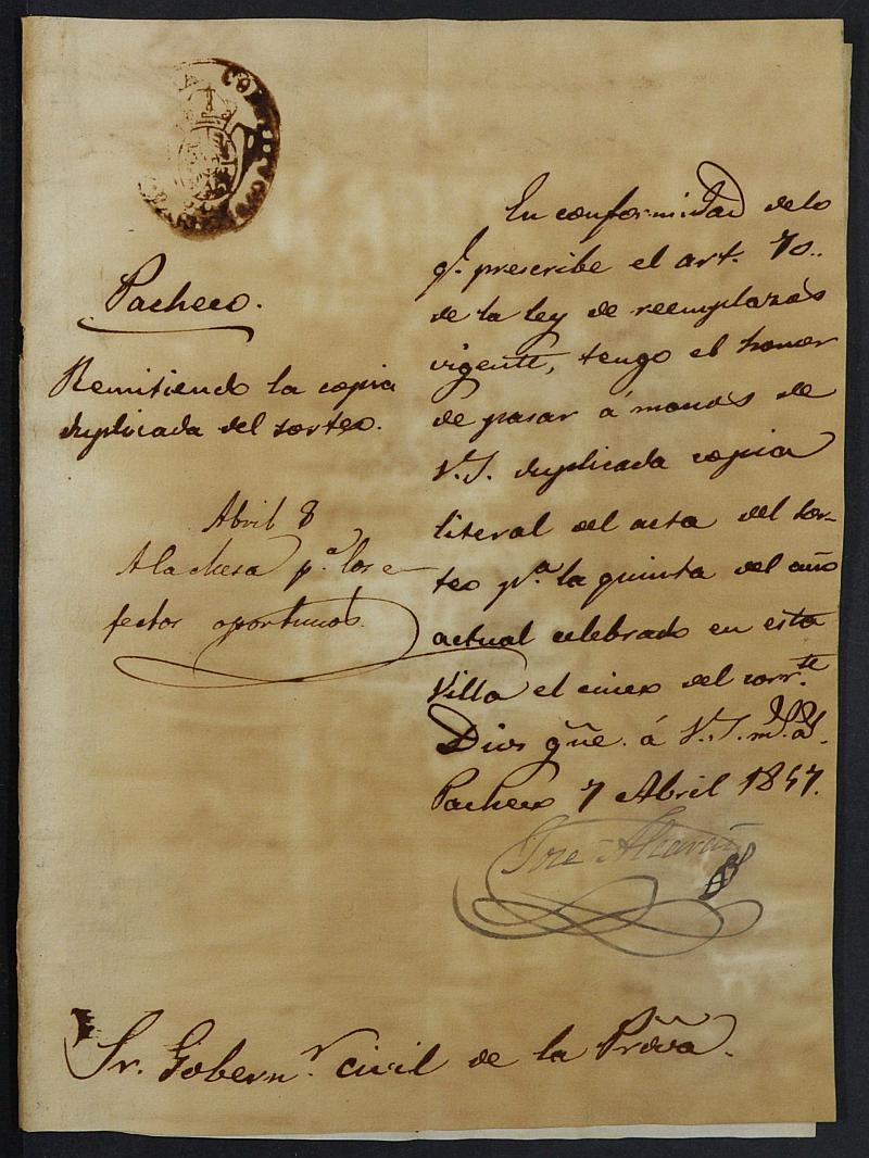 Expediente General de Reclutamiento y Reemplazo de Torre Pacheco. Año 1857.
