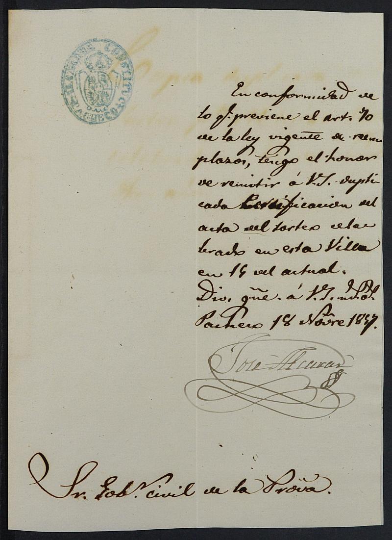 Copia certificada del acta del sorteo para las Milicias Provinciales del Ayuntamiento de Torre Pacheco del reemplazo de 1857.