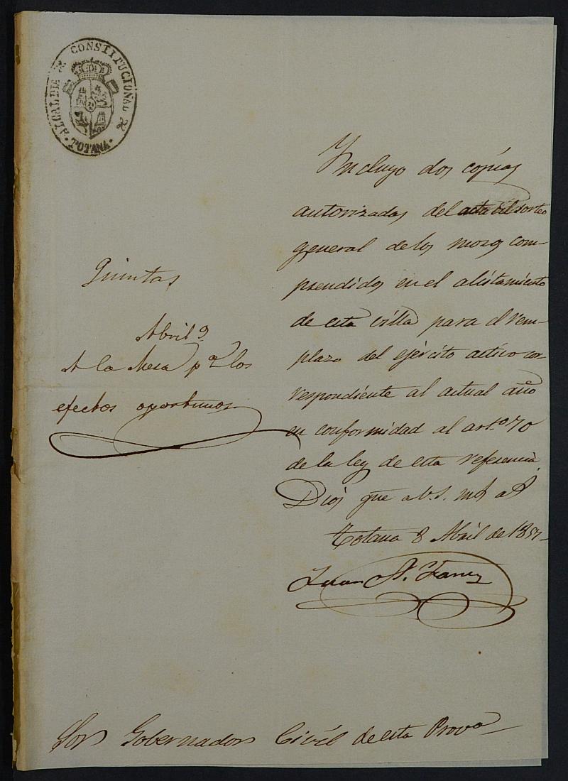 Expediente General de Reclutamiento y Reemplazo de Totana. Año 1857.
