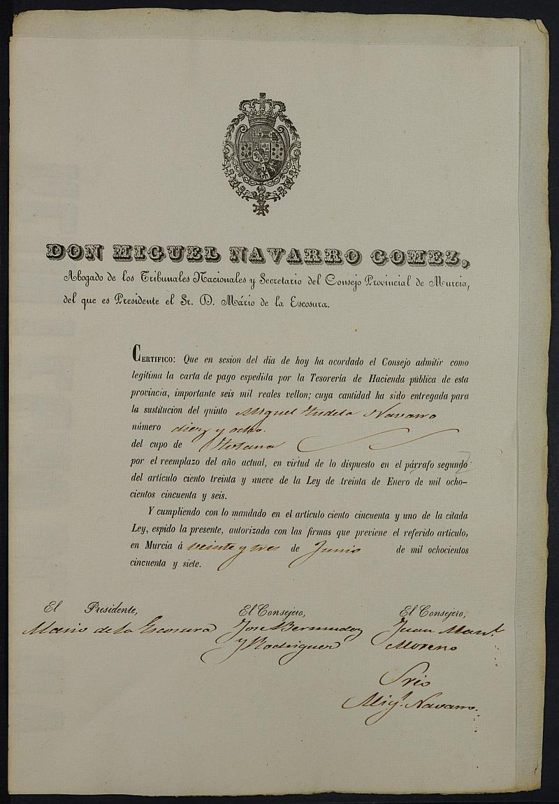 Certificados de las cartas de pago de la sustitución del reemplazo de 1857 del Ayuntamiento de Totana.
