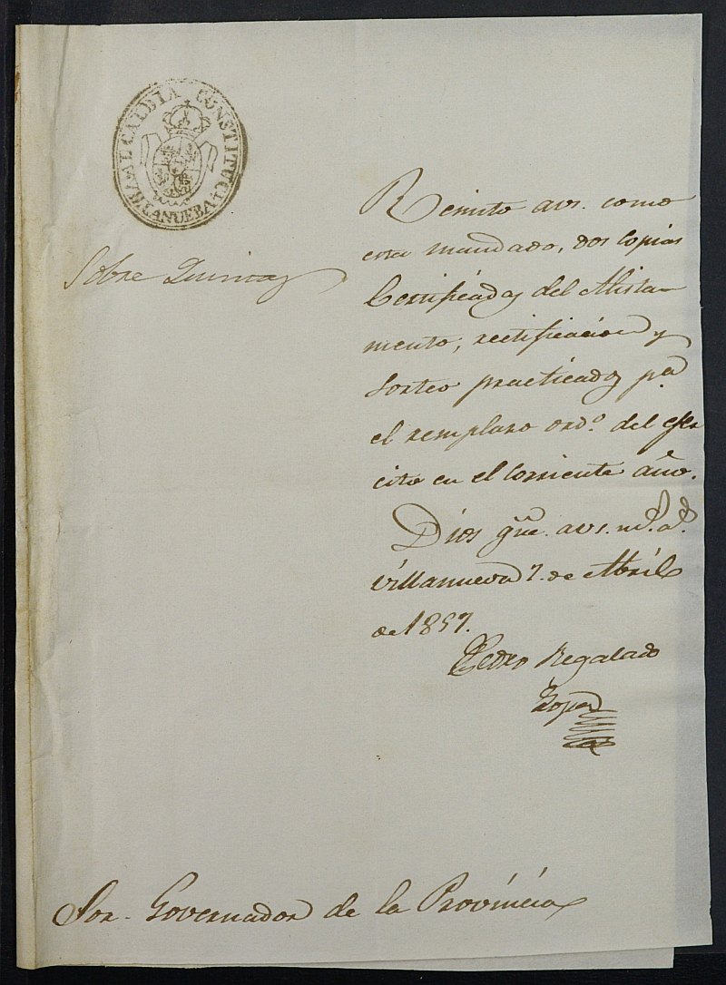 Copia certificada del acta del sorteo para el Ejército del Ayuntamiento de Villanueva del Río de Segura del reemplazo de 1857.