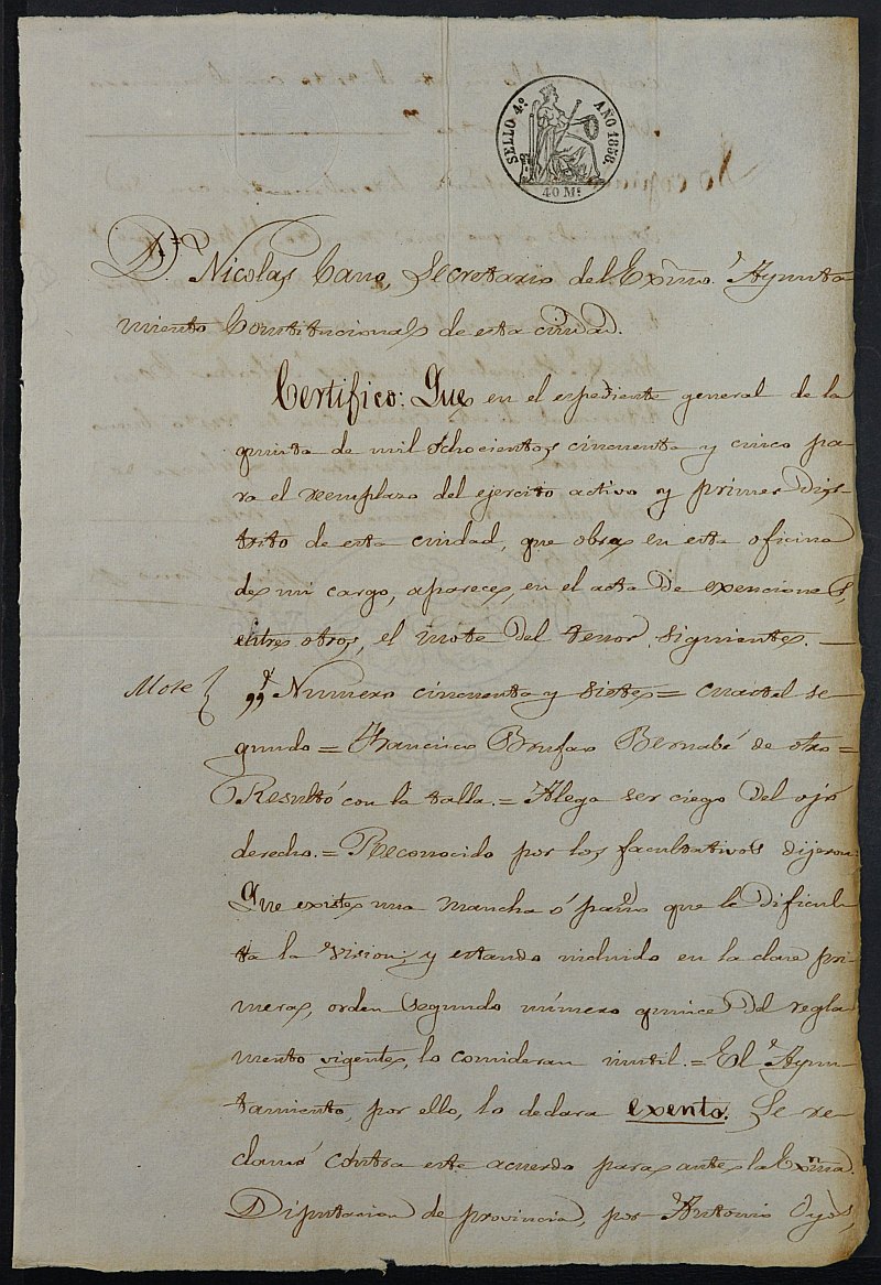 Certificado de la justificación de la excepción de Francisco Bonifacio Bernabé, mozo del reemplazo de 1858 de Cartagena.