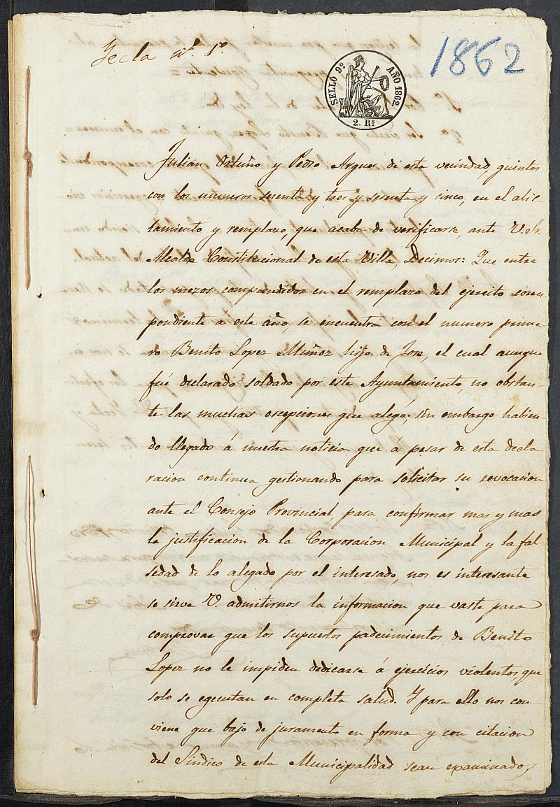 Expedientes justificativos de la excepción del servicio militar de los mozos del Ayuntamiento Yecla del reemplazo de 1862.