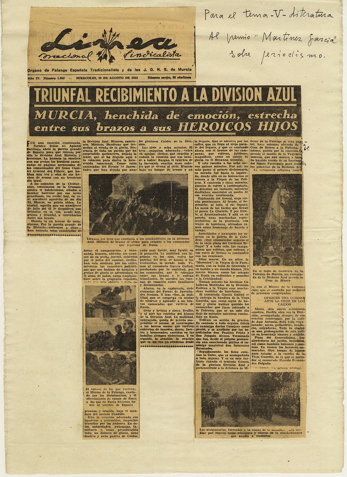 Artículo periodístico sobre el regreso de los voluntarios murcianos de la División Azul, de Luis Peñafiel Alcázar, editado en el diario Línea
