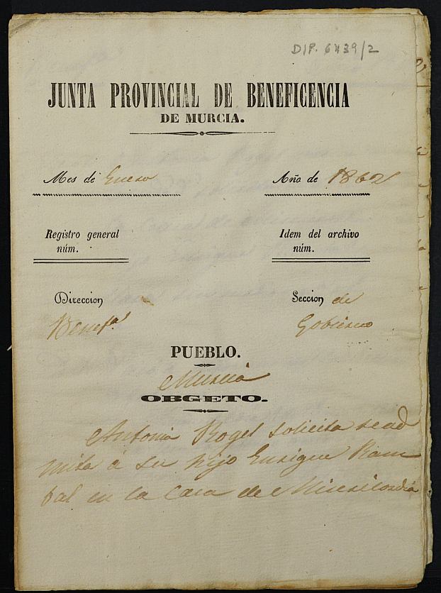 Expediente de solicitud de ingreso en la Casa Provincial de Misericordia y Huérfanos de Murcia de Enrique Tambal Rogel, de 8 años.