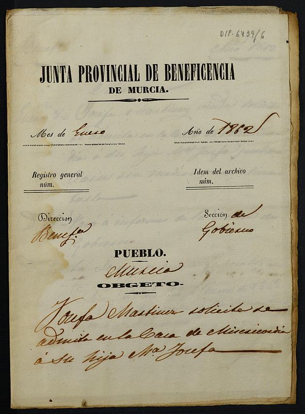 Expediente de solicitud de ingreso en la Casa Provincial de Misericordia y Huérfanos de Murcia de María Josefa Candela Martínez, de 16 años.