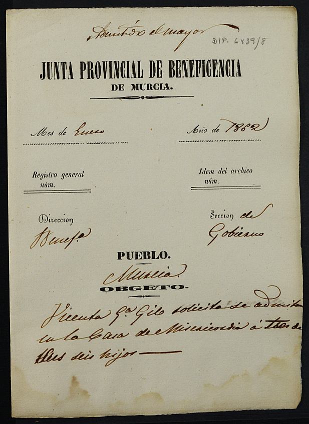 Expediente de solicitud de ingreso en la Casa Provincial de Misericordia y Huérfanos de Murcia de José Antonio, Tomás y Josefa Andreu García, de 11, 8 y 5 años respectivamente.