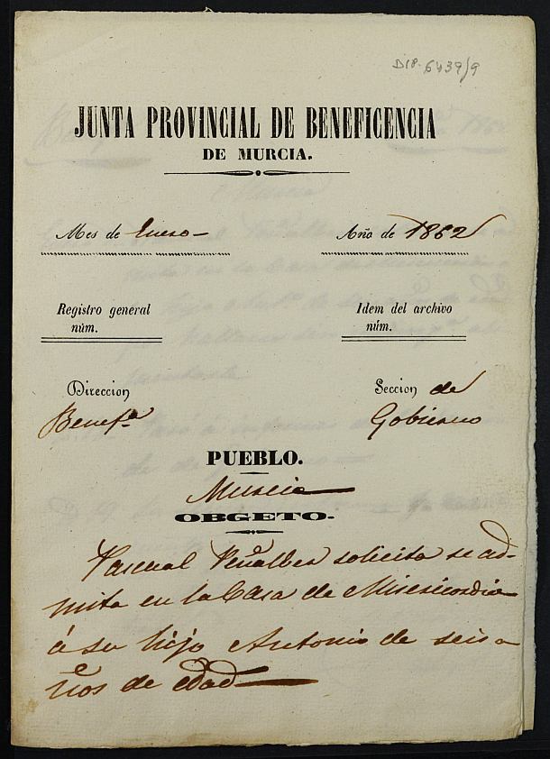 Expediente de solicitud de ingreso en la Casa Provincial de Misericordia y Huérfanos de Murcia de Antonio Peñalver, de 6 años.