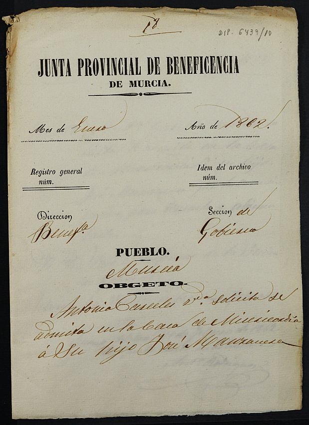 Expediente de solicitud de ingreso en la Casa Provincial de Misericordia y Huérfanos de Murcia de José Manzanera Cárceles, de 5 años.