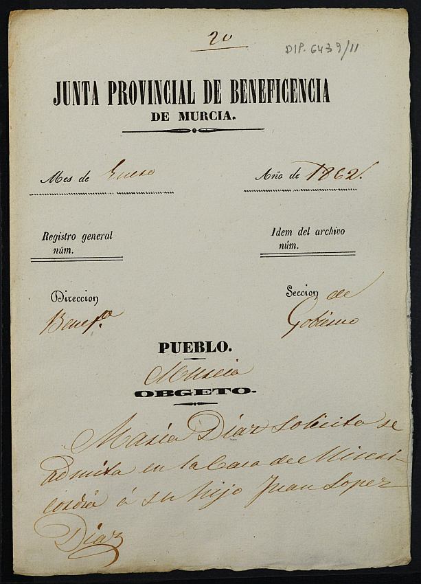 Expediente de solicitud de ingreso en la Casa Provincial de Misericordia y Huérfanos de Murcia de Juan López Díaz, de 12 años.