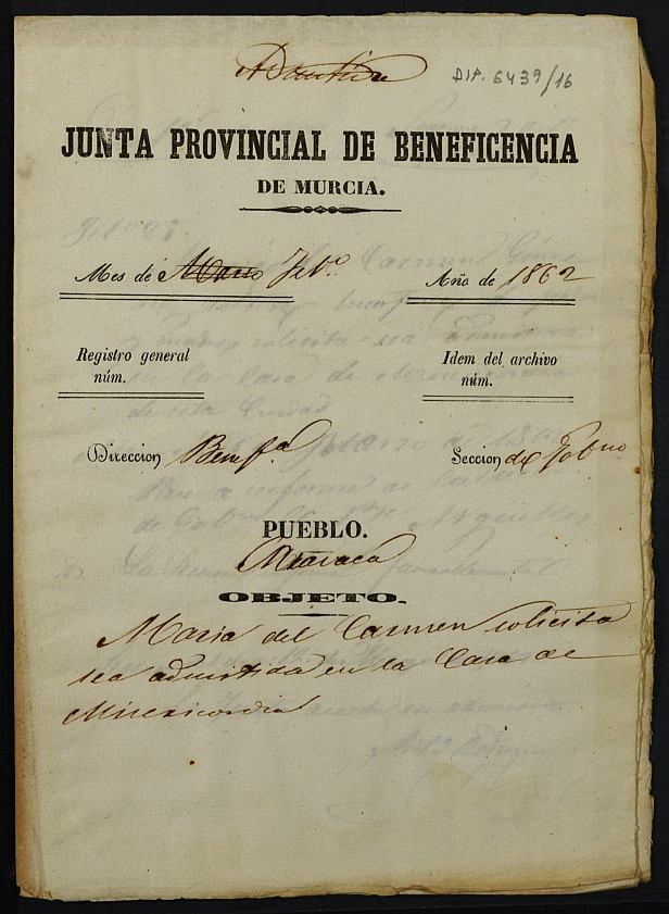 Expediente de solicitud de ingreso en la Casa Provincial de Misericordia y Huérfanos de Murcia de María del Carmen Jiménez de la Fuente, de 34 años.