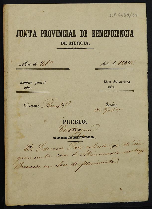 Expediente de solicitud de ingreso en la Casa Provincial de Misericordia y Huérfanos de Murcia de Bernardo Paz, de 15 años.