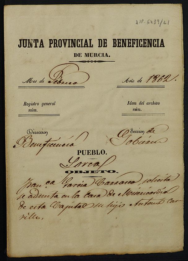 Expediente de solicitud de ingreso en la Casa Provincial de Misericordia y Huérfanos de Murcia de Antonio Carrillo García, de 6 años.