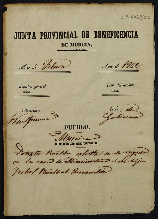 Expediente de solicitud de ingreso en la Casa Provincial de Misericordia y Huérfanos de Murcia de Isabel Peñalver Ferrandiz, de 8 años.