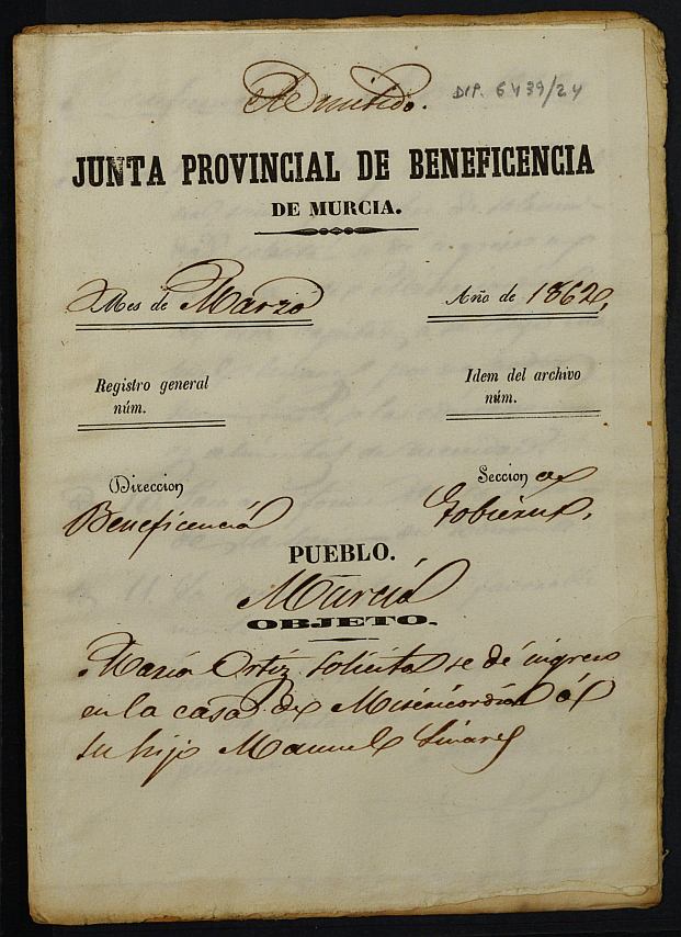 Expediente de solicitud de ingreso en la Casa Provincial de Misericordia y Huérfanos de Murcia de Manuel Linares Ortiz, de 7 años.