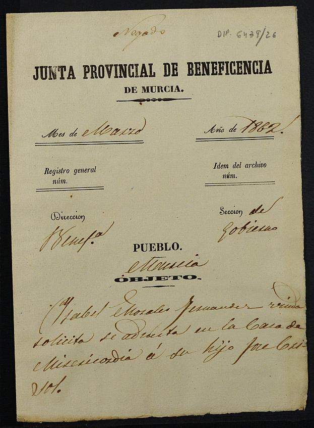 Expediente de solicitud de ingreso en la Casa Provincial de Misericordia y Huérfanos de Murcia de José Crisol Morales, de 14 años.