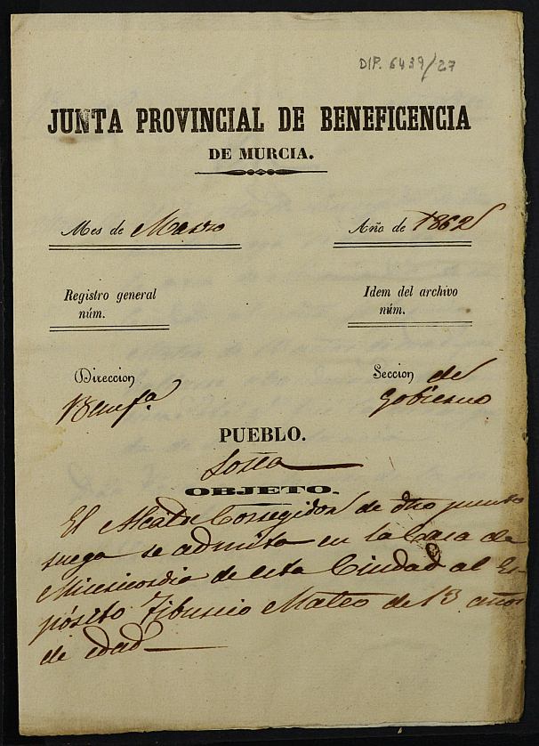 Expediente de solicitud de ingreso en la Casa Provincial de Misericordia y Huérfanos de Murcia de Tiburcio Mateo, de 13 años.