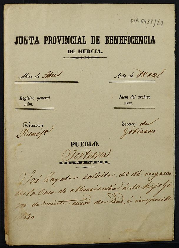 Expediente de solicitud de ingreso en la Casa Provincial de Misericordia y Huérfanos de Murcia de Ginés Zapata, de 20 años.