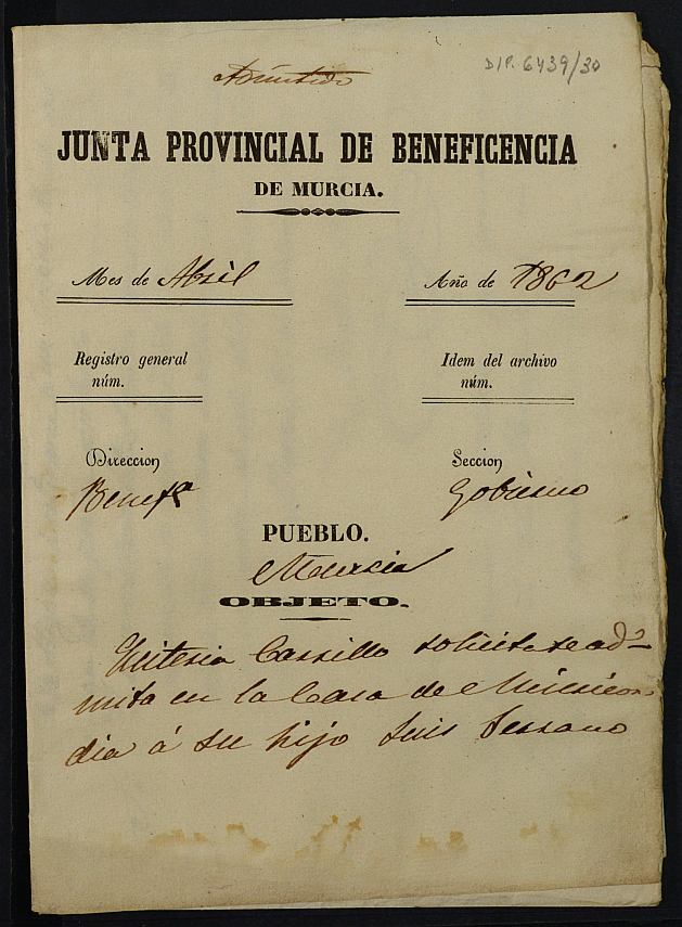 Expediente de solicitud de ingreso en la Casa Provincial de Misericordia y Huérfanos de Murcia de Luis Serrano Carrillo, de 4 años.