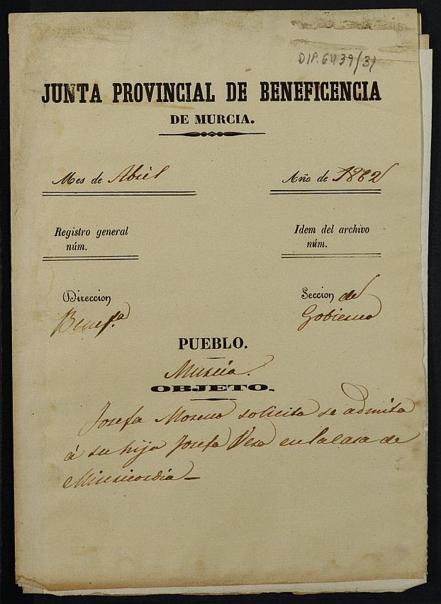 Expediente de solicitud de ingreso en la Casa Provincial de Misericordia y Huérfanos de Murcia de Josefa Vera Moreno.