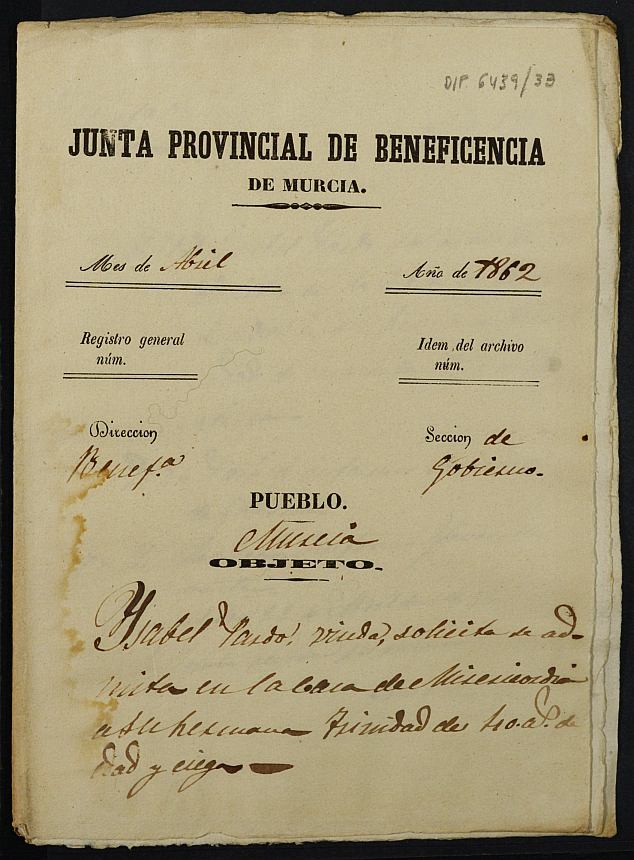 Expediente de solicitud de ingreso en la Casa Provincial de Misericordia y Huérfanos de Murcia de Trinidad Pardo, de 40 años.