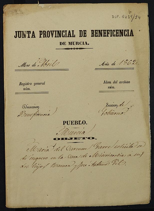 Expediente de solicitud de ingreso en la Casa Provincial de Misericordia y Huérfanos de Murcia de Ramón y José Antonio Gil Garre, de 7 y 9 años respectivamente.