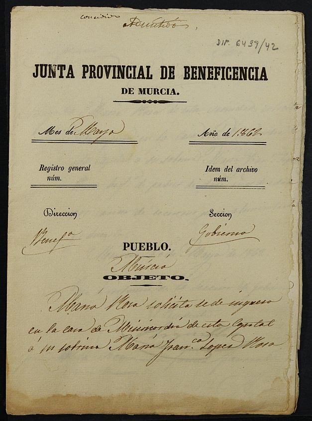Expediente de solicitud de ingreso en la Casa Provincial de Misericordia y Huérfanos de Murcia de María Francisca López Rosa, de 12 años.