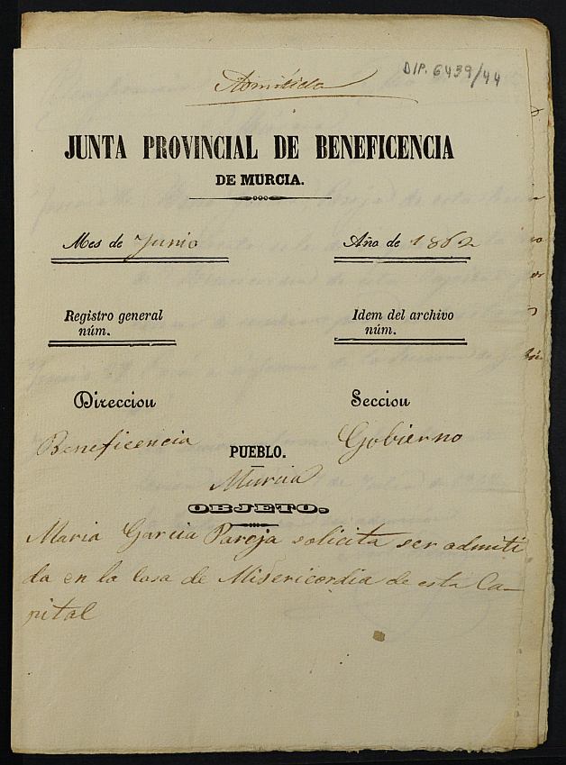 Expediente de solicitud de ingreso en la Casa Provincial de Misericordia y Huérfanos de Murcia de María García Pareja.