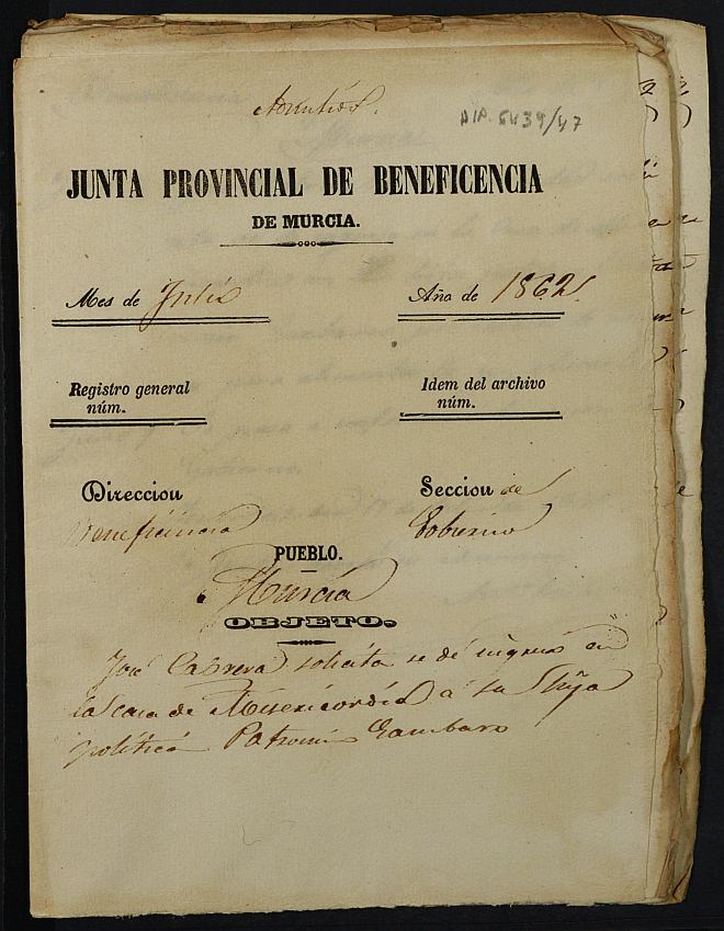Expediente de solicitud de ingreso en la Casa Provincial de Misericordia y Huérfanos de Murcia de Patrocinio Gambarro, de 11 años.