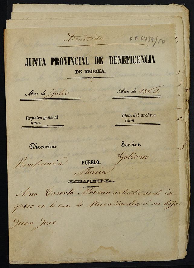 Expediente de solicitud de ingreso en la Casa Provincial de Misericordia y Huérfanos de Murcia de Juan José, de 9 años.