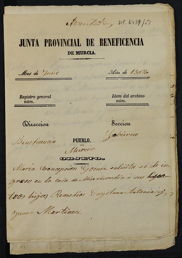 Expediente de solicitud de ingreso en la Casa Provincial de Misericordia y Huérfanos de Murcia de Remedios, Cayetana, Antonia y Juan Martínez Gómez.