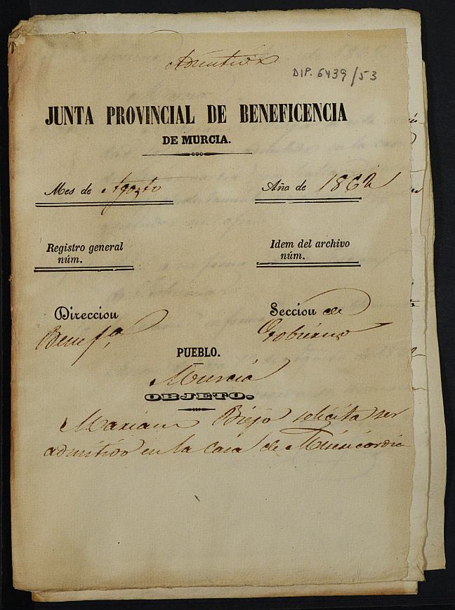 Expediente de solicitud de ingreso en la Casa Provincial de Misericordia y Huérfanos de Murcia de Mariano Viejo, de 12 años.