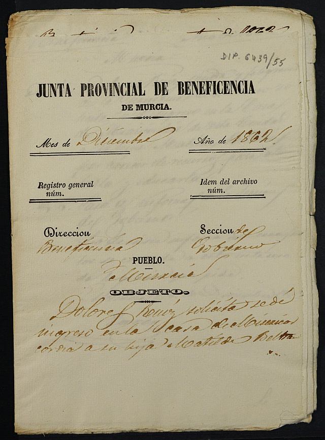 Expediente de solicitud de ingreso en la Casa Provincial de Misericordia y Huérfanos de Murcia de Matilde Beltrán Ruiz.