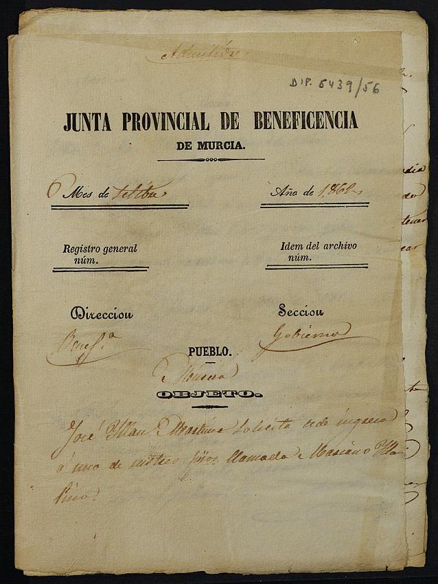 Expediente de solicitud de ingreso en la Casa Provincial de Misericordia y Huérfanos de Murcia de Mariano Illán Pino, de 11 años.