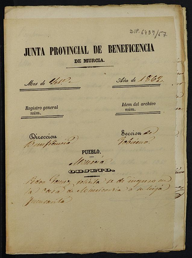 Expediente de solicitud de ingreso en la Casa Provincial de Misericordia y Huérfanos de Murcia de Fuensanta Gómez Montesinos, de 7 años.