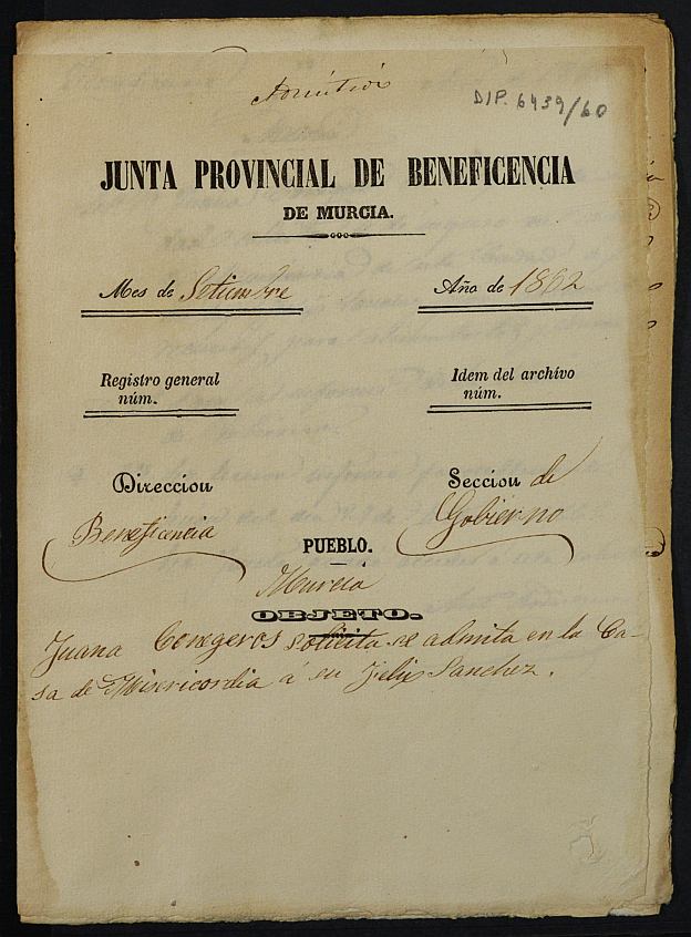 Expediente de solicitud de ingreso en la Casa Provincial de Misericordia y Huérfanos de Murcia de Félix Sánchez Conejero, de 5 años.