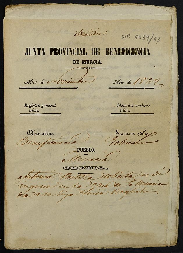 Expediente de solicitud de ingreso en la Casa Provincial de Misericordia y Huérfanos de Murcia de Luisa Baglieto Portilla, de 14 años.