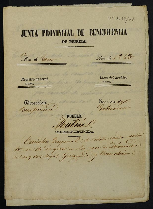 Expediente de solicitud de ingreso en la Casa Provincial de Misericordia y Huérfanos de Murcia de Fulgencia y Consolación.