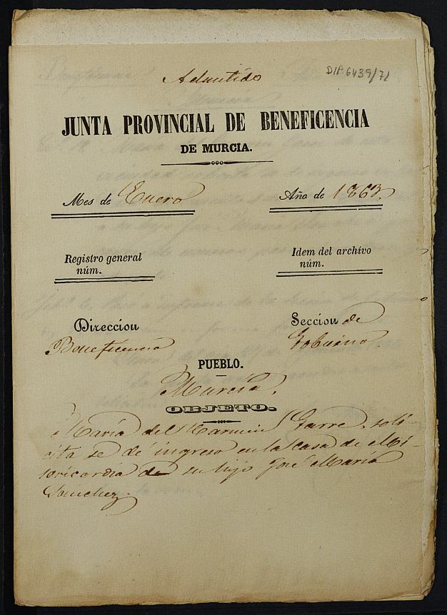 Expediente de solicitud de ingreso en la Casa Provincial de Misericordia y Huérfanos de Murcia de José María Sánchez Garre, de 6 años.