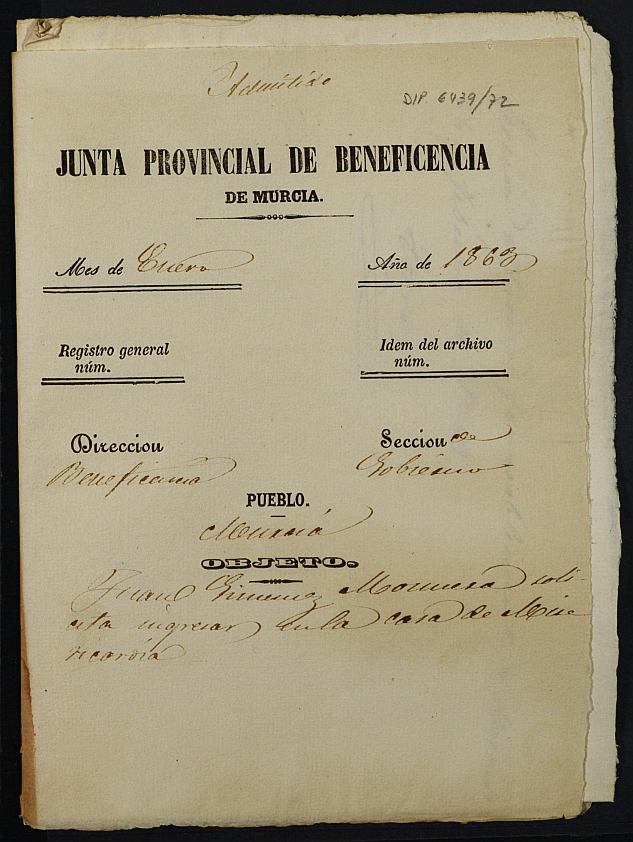Expediente de solicitud de ingreso en la Casa Provincial de Misericordia y Huérfanos de Murcia de Juan Jiménez Munuera.