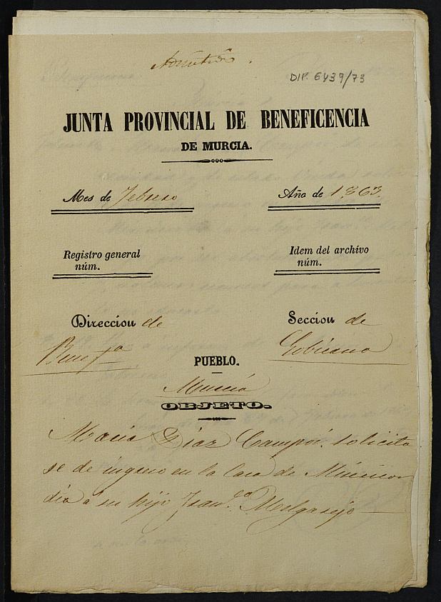 Expediente de solicitud de ingreso en la Casa Provincial de Misericordia y Huérfanos de Murcia de Francisco Melgarejo Díaz, de 14 años.