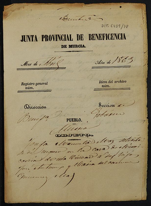 Expediente de solicitud de ingreso en la Casa Provincial de Misericordia y Huérfanos de Murcia de José Antonio y María del Carmen Jiménez Mas.